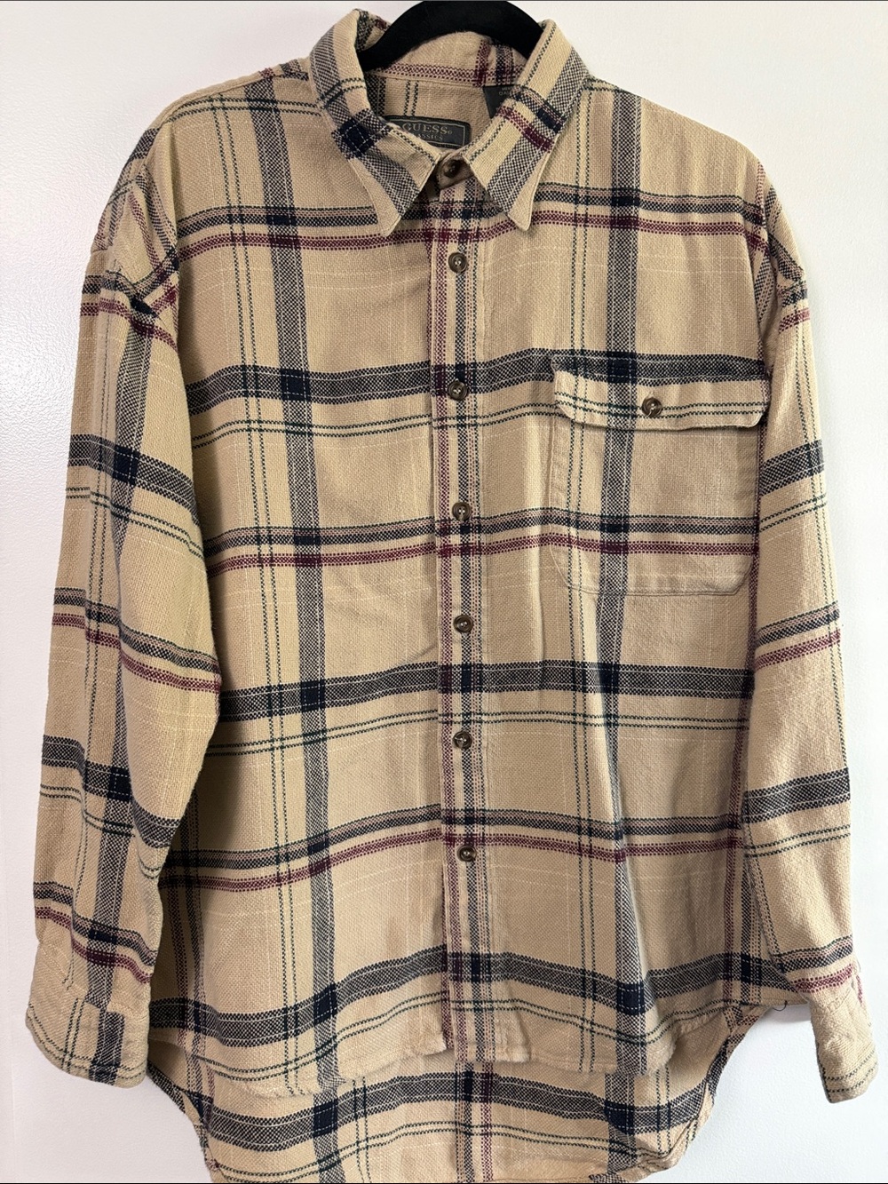 Vintage 90’s Guess Classic Men's Beige Plaid Button-Up Shirt - Large